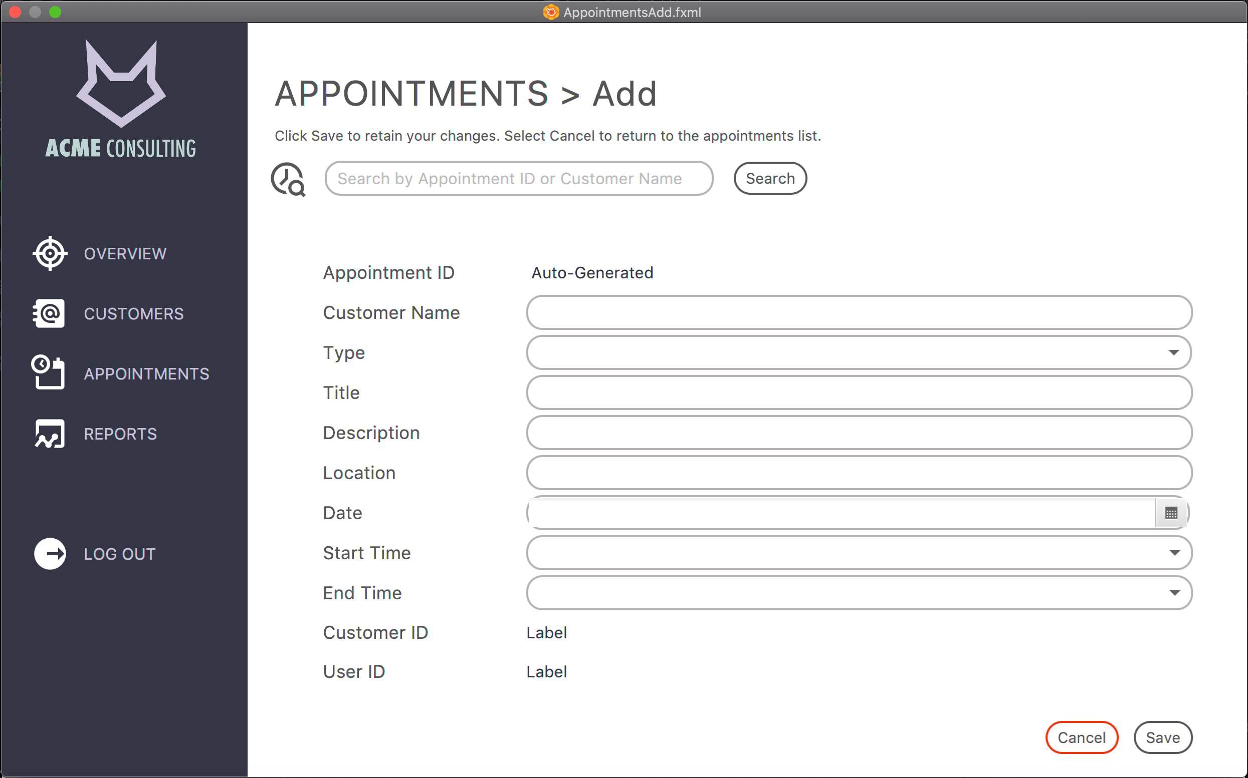 Image of a UI that includes a list of appointments, and a main menu for navigation on the left side of the page. 