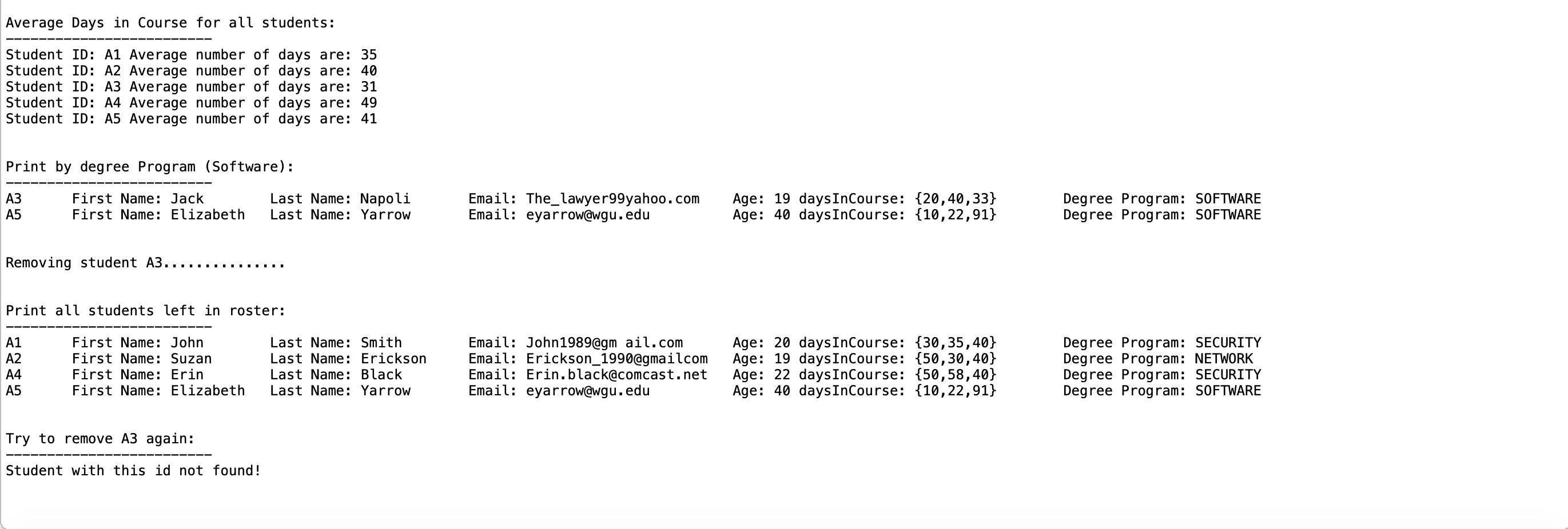 Image of program output of the student roster program